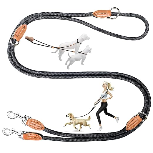 Hundeleine 2M Verstellbare Führleine, 11mm Dickes Nylon Geflochten Hund Leine mit Karabiner, Multifunktional Doppelleine Jogging Motion Trainingsleine für Kleine/Mittlere/Große Hunde (Schwarz)