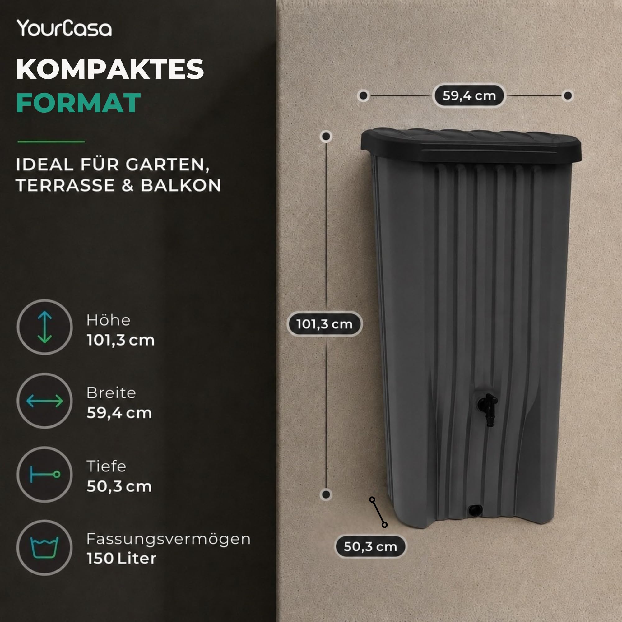 YourCasa Regentonne Cascade 150 Liter | Schmal & Platzsparend | Regenwassertonne mit integriertem Hahn | Anthrazit | Made in France