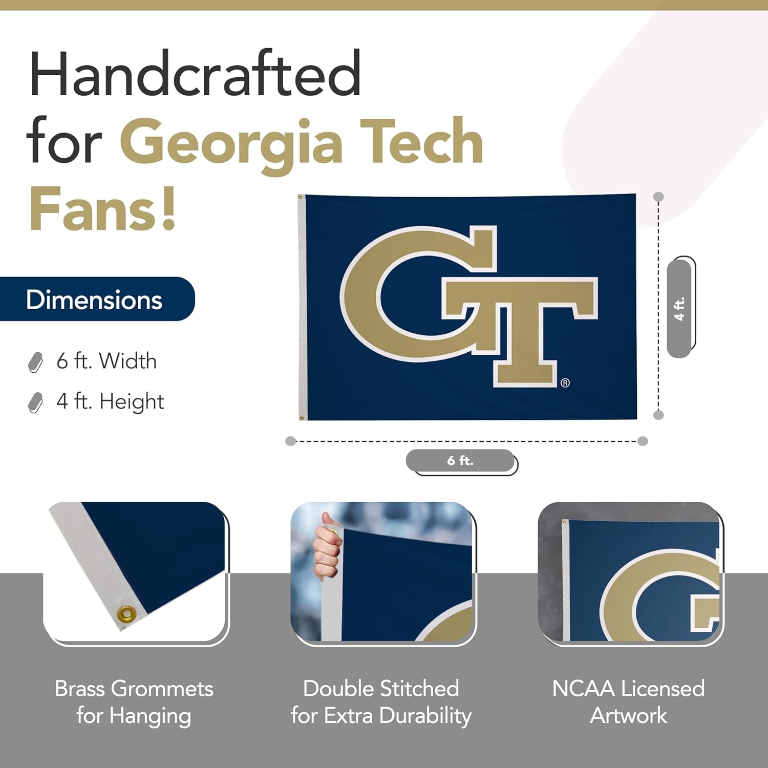 Georgia Tech Yellow Jackets College Sports Printed Flag - NCAA Licensed - Nylon - School Banner (Navy Blue, Gold) (4' x 6')