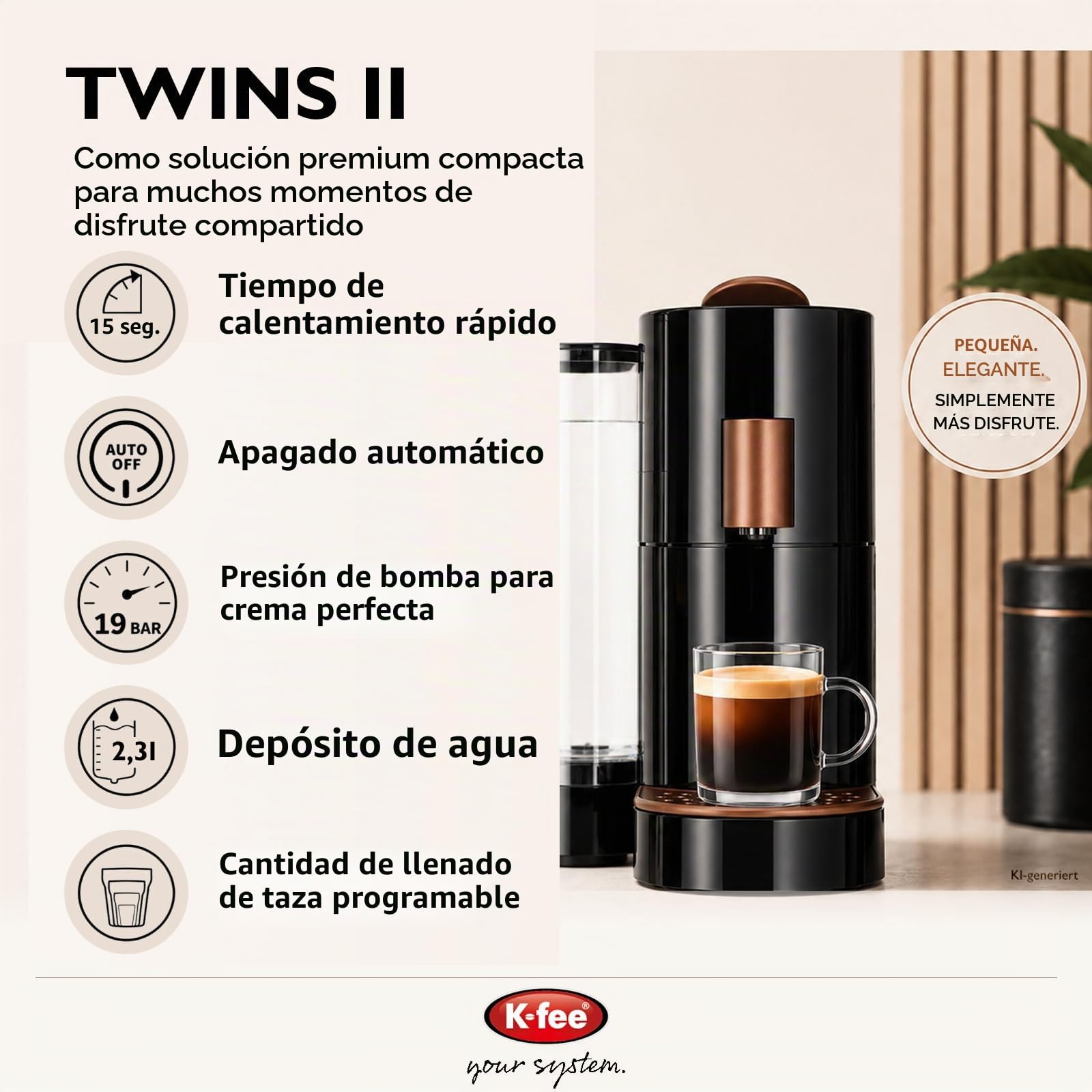 K-fee TWINS II Máquina de Cápsulas para Café, Té y Cacao | Cafetera para tazas grandes | Calentamiento rápido | Depósito de agua de 2,3 L | 19 Bar | Negro Cobre