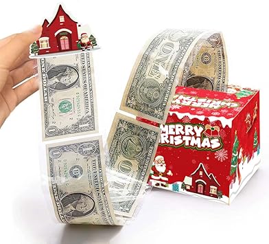 Christmas Money Box for Cash Gift Pull, Money Gift Boxes for Cash with Pull Out Surprise Merry Christmas Box Holder with 50Pcs Transparent Bags for Women Men Girls Boys Mom Dad Friend