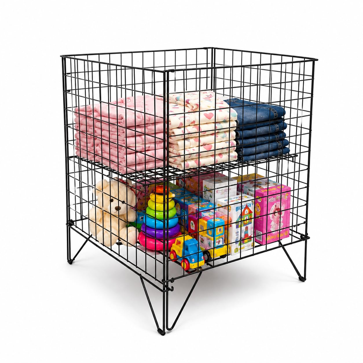 62cm Black Retail Dump Bin Basket – Collapsible Square Mesh Display Stand with Adjustable Base