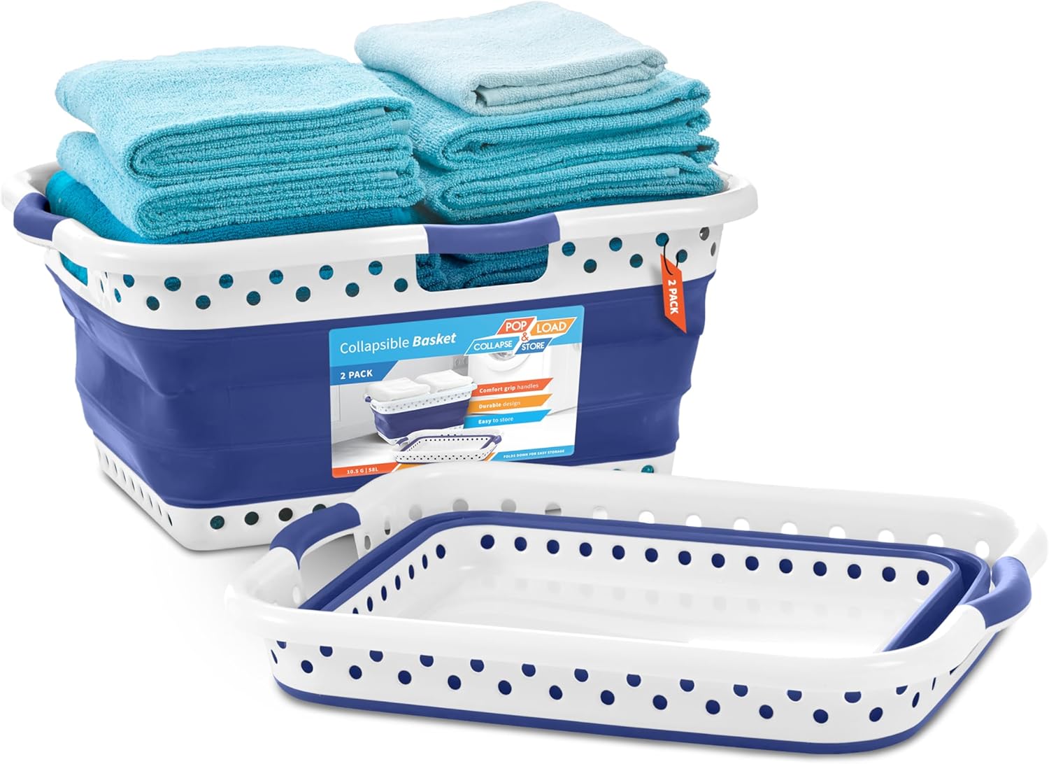 Set of 2 Pop & Load Collapse & Store Large 25″ Slim Collapsible Laundry Basket, Space Saving Portable Pop Up Storage & Organization Basket,3″ High When Folded, Dual Comfort Grip Handles, Blue/White