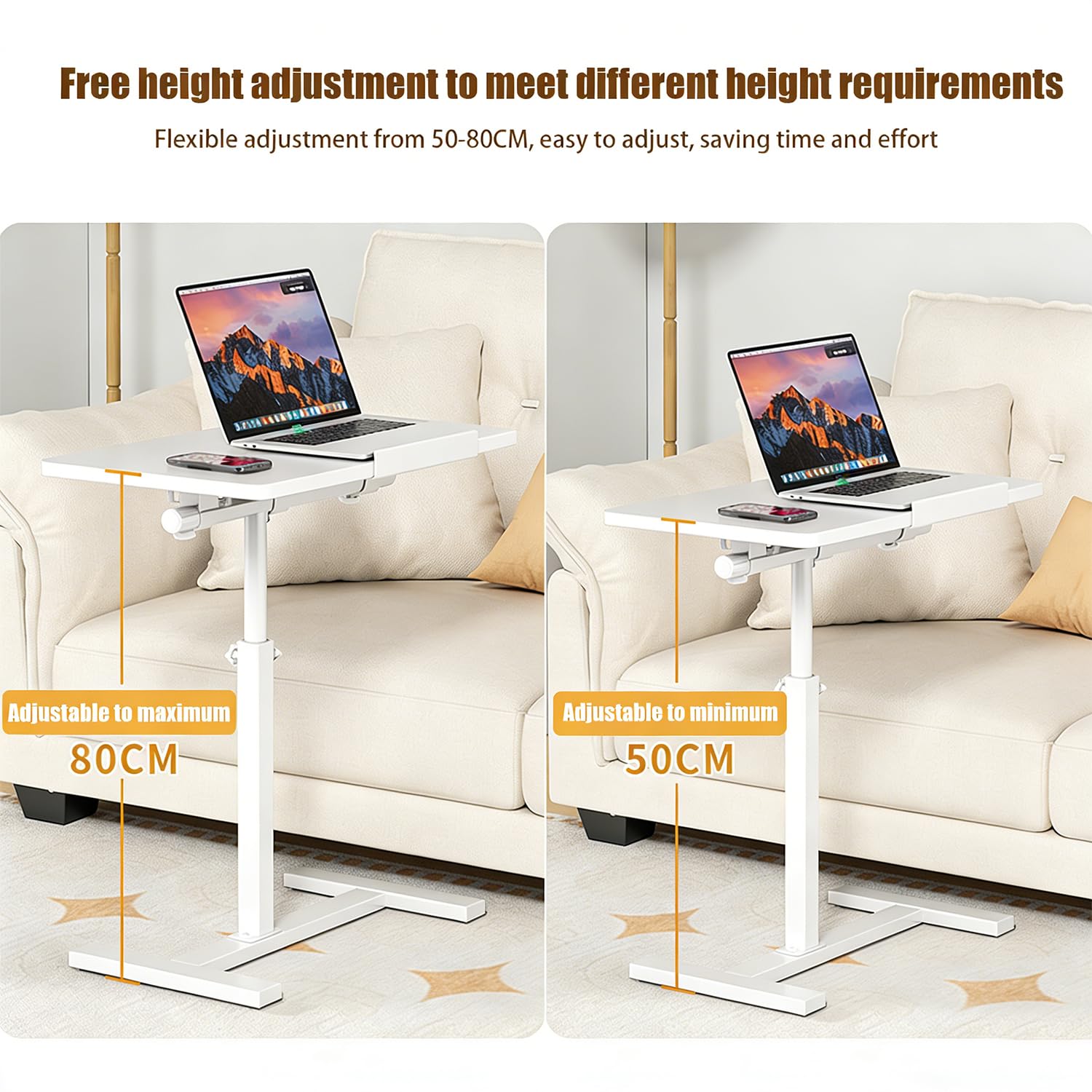 Tavolino Servitore Letto,Tavolo Per Letto Regolabile Con Ruote Nascoste, 60x40 Cm, Adatto Per Scrivania, Divano o Letto, Supporto Per Laptop Con Altezza e Angolo Regolabili, Bianco