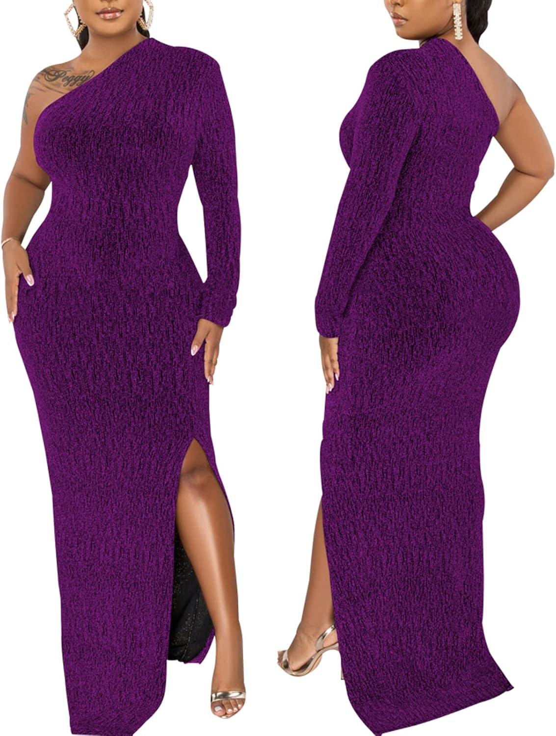 Women's Formal Evening Gowns Elegant Sparkly One Shoulder Maxi Dresses Sexy Long Sleeve High Split Party Long Dress - Image 5