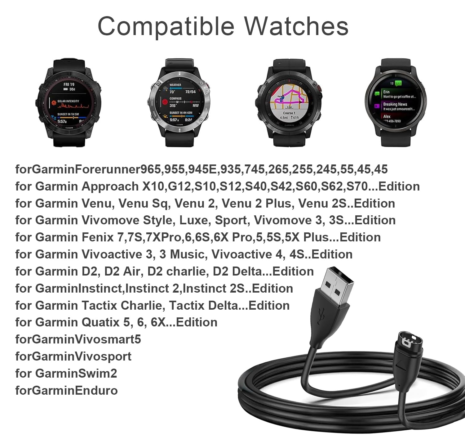 Câble Chargeur Garmin Compatible Fenix 7/6/5, Forerunner, Vivoactive - Avec Adaptateurs USB-C