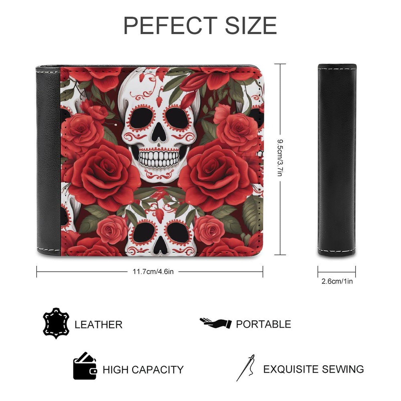 Sugar Skulls Red Roses Funny Men's Slim Bifold Wallet with Multiple Card Slots Front Pocket Purse