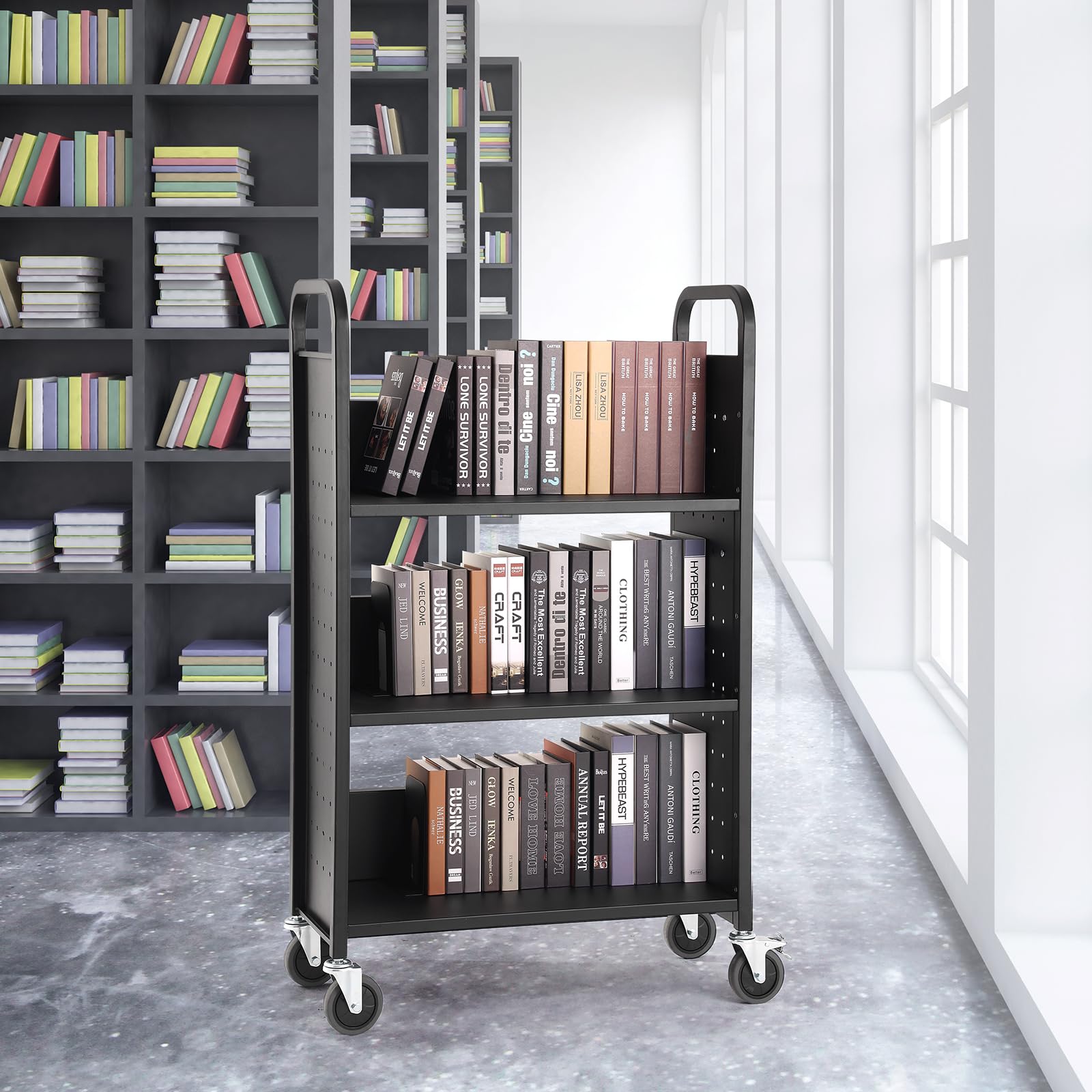VEVOR Bibliothekswagen 790 x 385 x 1250 mm Abräumwagen 3 Regale Bücherwagen Kohlenstoffstahl + kaltgewalzte Stahlplatte Servierwagen 150 kg Gewichtskapazität (50 kg pro Regal) inkl. 2 Buchstützen