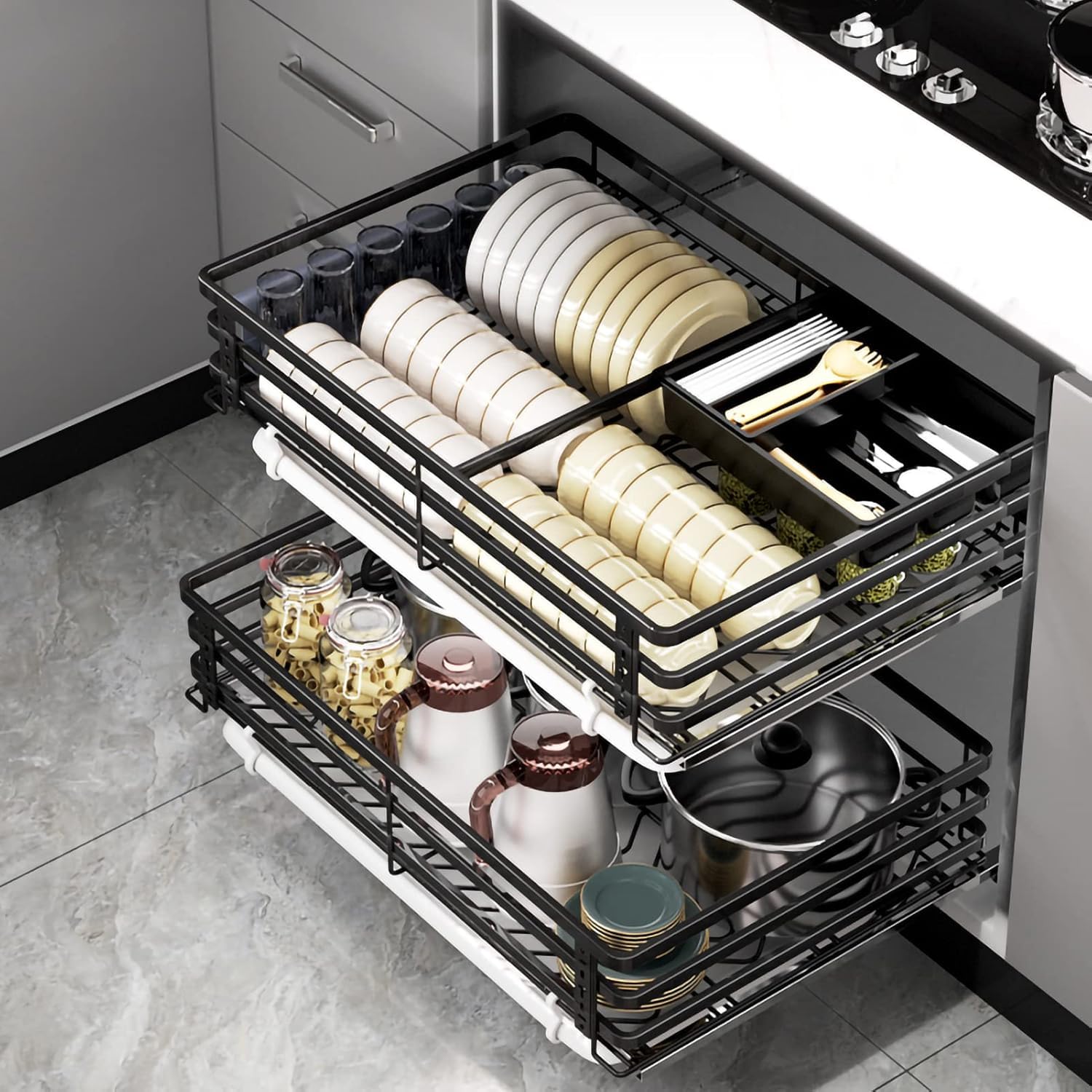 Cesta de acero inoxidable 304 deslizable para organizar el fondo del fregadero