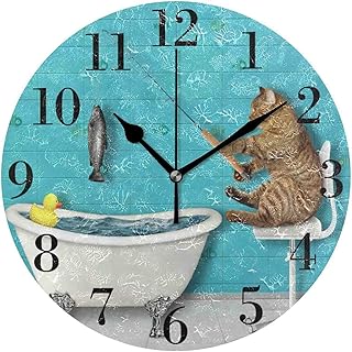10 Inch Non-Ticking Wall Clock,Funny Beige Cat Fisher Fishing The Bathtub Theme,Vintage Home Decor for Living Room/Kitchen/Bedroom