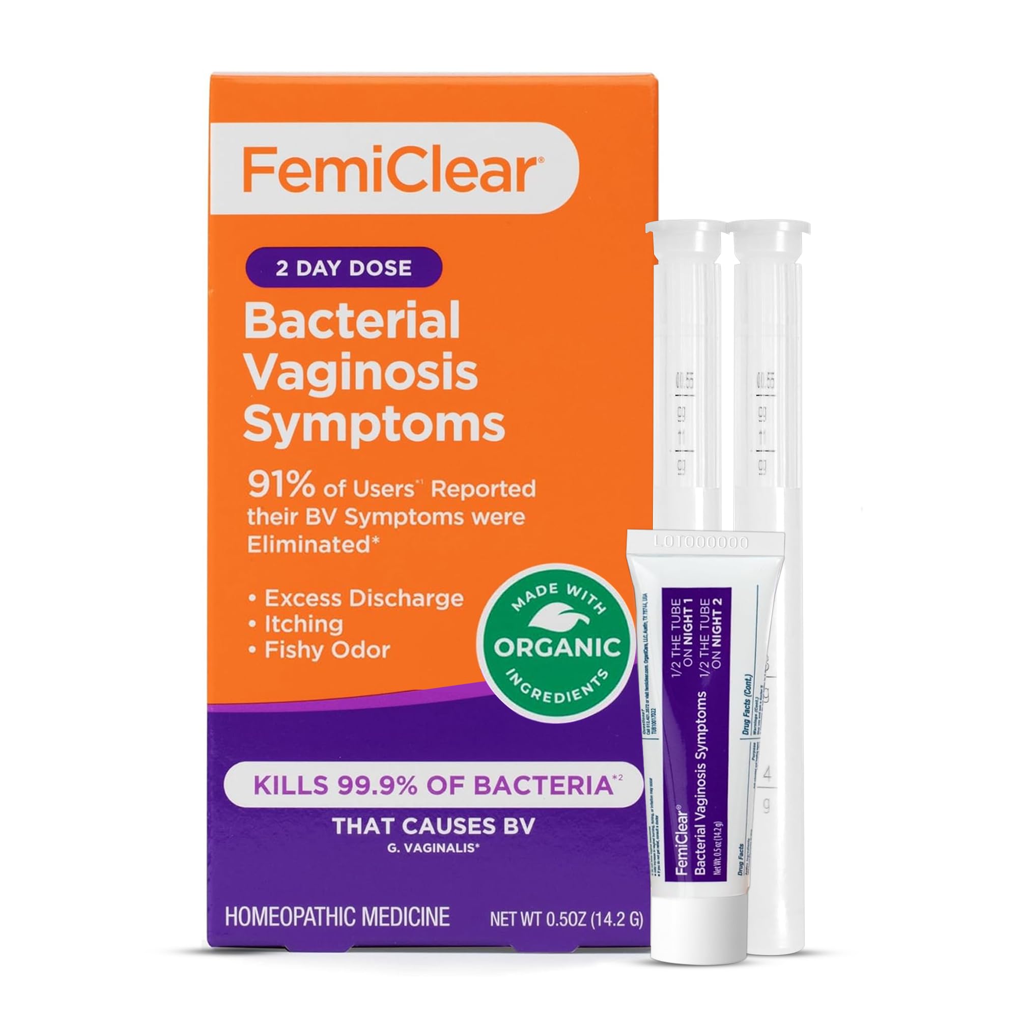 FemiClear for Bacterial Vaginosis (BV) Symptoms, Natural & Organic l Ointment for Itching, Manage Unpleasant Odor & Discomfort Due to Bacterial Vaginosis, 2-Day Dose Feminine Ointment