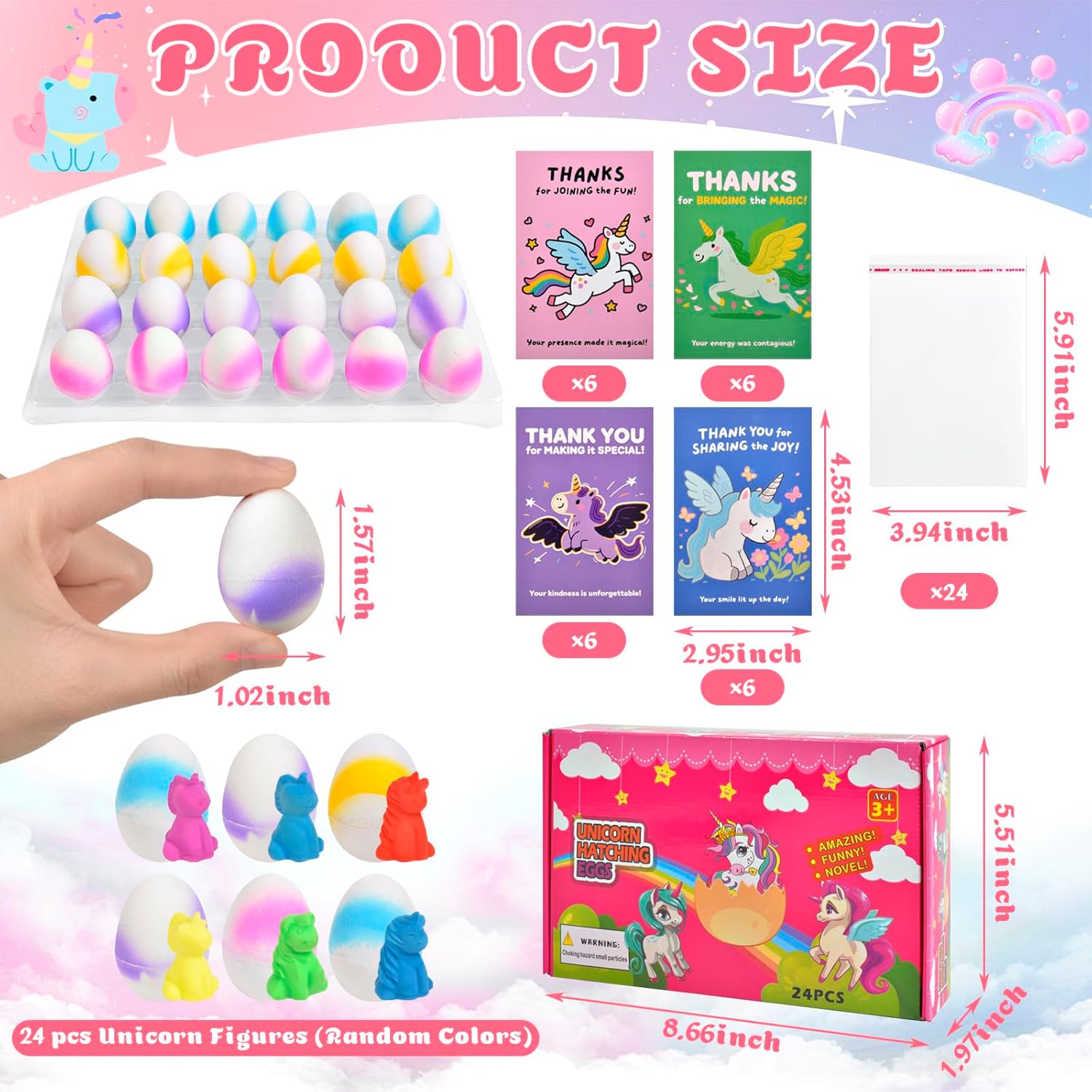 24pcs Unicorn Hatching Eggs Toys for Kids - Surprise Hatching Egg & 24 Unicorn Card, Rainbow Magic Party Favors for Girl & Boy, Stocking Stuffers Birthday Gift Classroom Prizes for Age 3 4 5 6 7 8 10