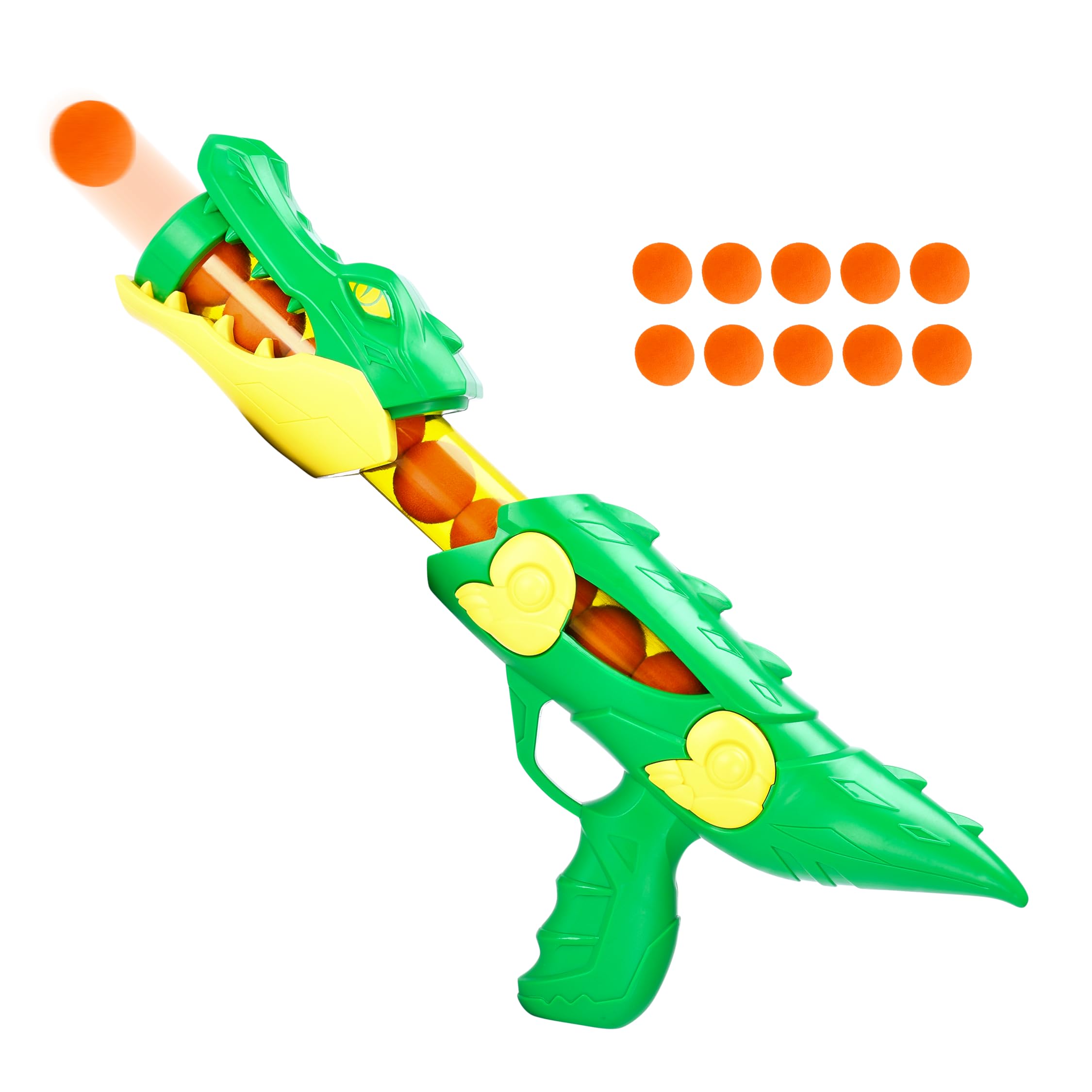 Dazmers Crocodile Shooting Foam Ball Game - Air-Powered Rifle Toy with 10 Balls - Ideal Outdoor Pool Fun for Kids 6+ and Adults | Toy Foam Blasters & Guns | Green Plastic Launcher - 14.6" L x 6" H