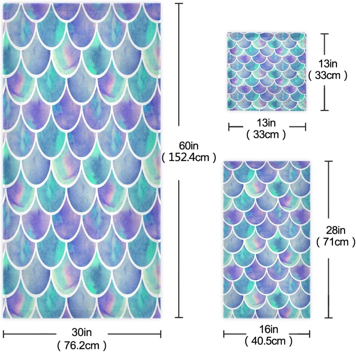 Naanle Chic Watercolor Rainbow Scales of Mermaid Soft Luxury Decorative 3 Pieces Set Towels, 1 Bath Towel+1 Hand Towel+1 Washcloth, Multipurpose for Bathroom, Hotel, Gym, Spa and Beach