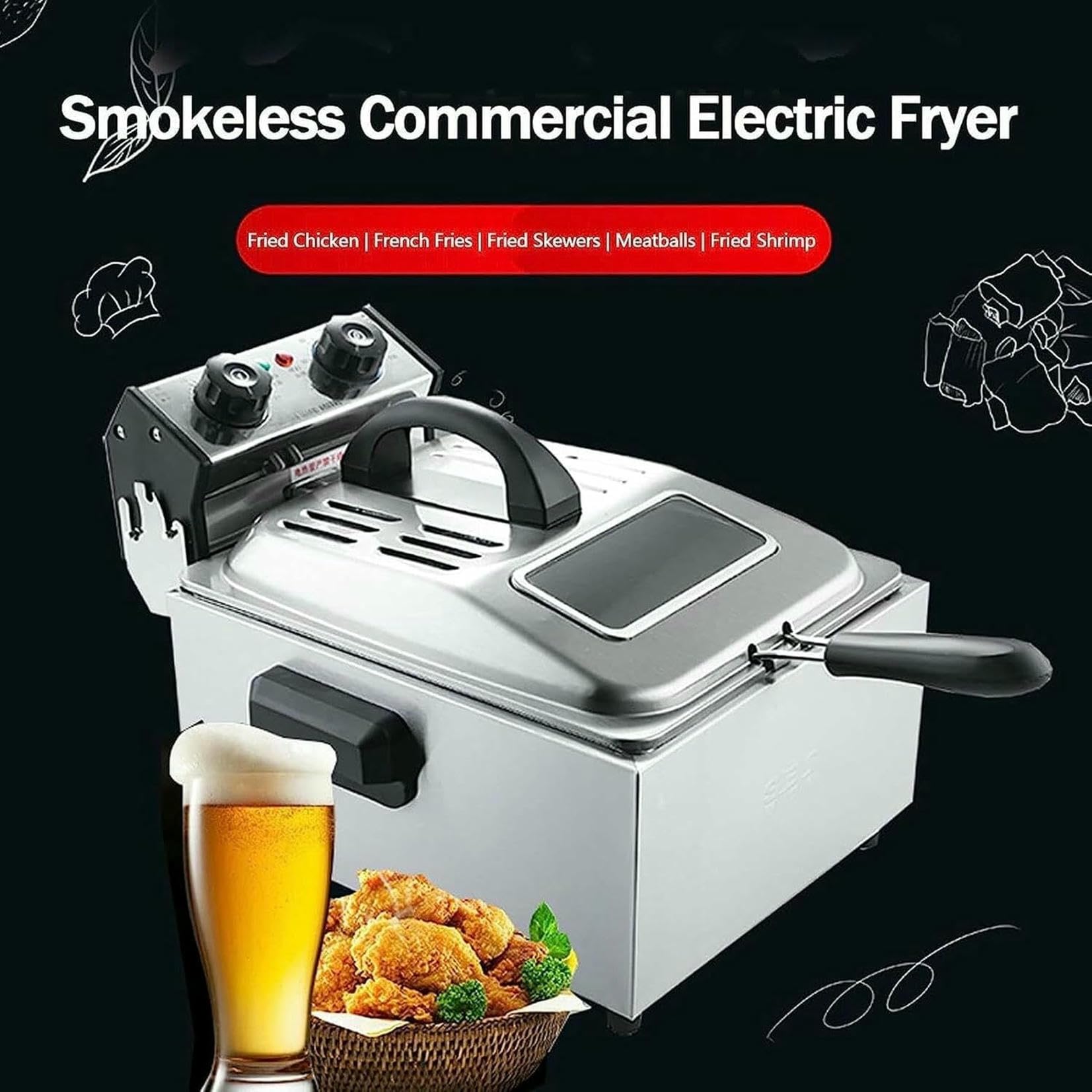 Cesta para freidora de Grasa Comercial, freidora eléctrica de Patatas Fritas Profundas, Grande, con Tanque, bandejas para Patatas Fritas comerciales de Acero Inoxidable con Cesta y Tapa