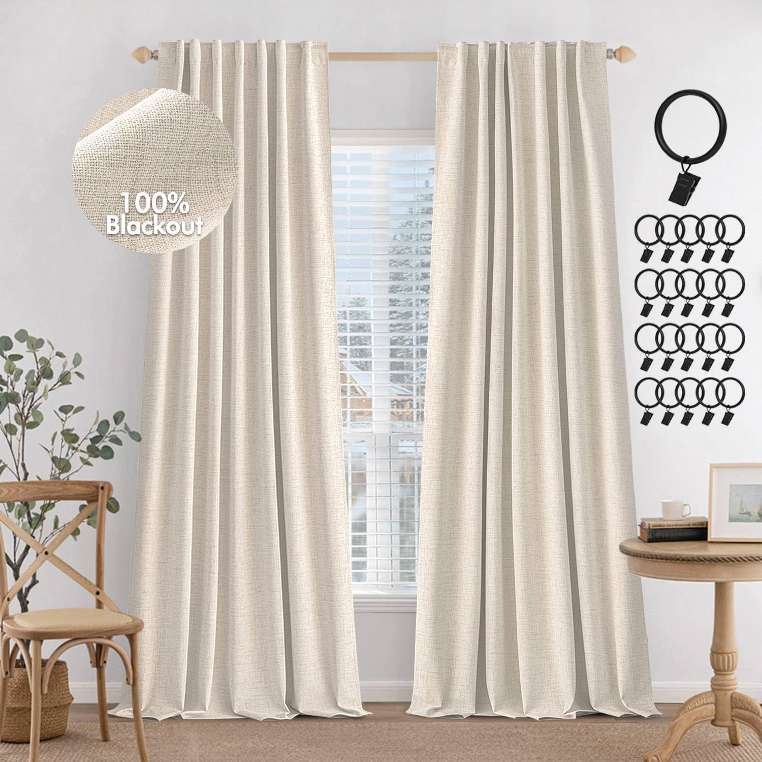 MIULEE 100% Blackout Curtains 108 inches Long, Linen Curtains & Drapes for Bedroom Living Room Back Tab Rod Pocket Black Out Window Treatments Thermal