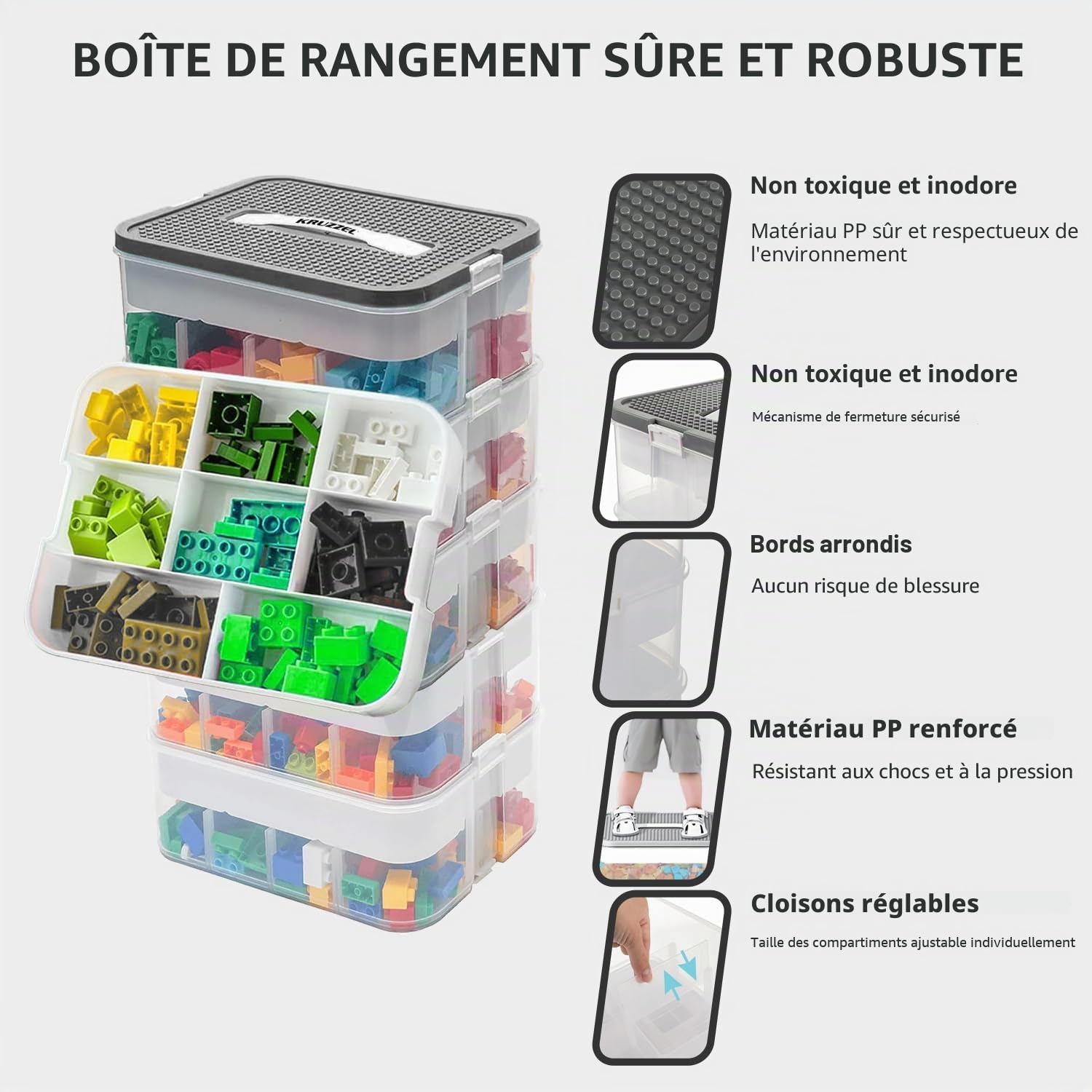 KRUZZEL Boîte de rangement 35 l avec poignée et séparateurs - Boîte empilable à 5 étages - Transparente - Pour jouets et fournitures scolaires - Pour enfants
