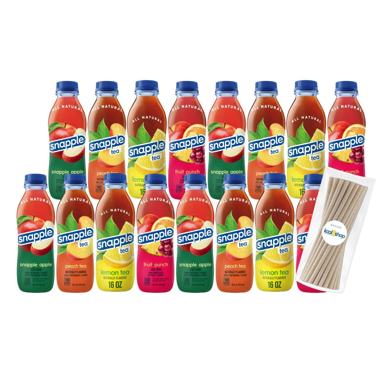 Snapple Variety Pack All Natural Fruit Juice 16 fl oz Plastic Bottle 16 Pack + 15 Sugarcane Disposable Straws by KOOL8SHOP Infinite Deals
