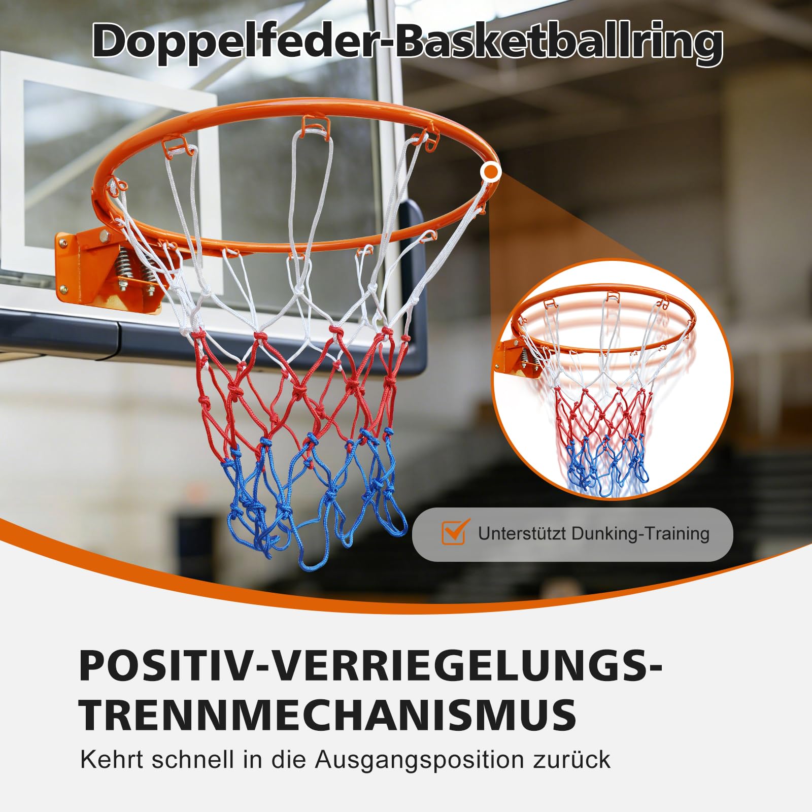 Stahl-Basketballkorb 45cm mit Doppelter Feder und Netz für Wand- und Bodenmontage