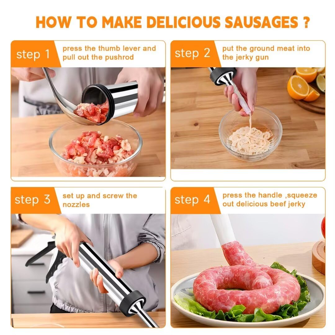 Sausage Stuffer WILDDIGIT 3rd Gen 2.1 LB Professional Jerky Gun Kits, , Stainless Steel , Jerky Shooter, Beef Jerky Making Gun With 5 Nozzles, 1 Meat Pusher And 5 Cleaning Brushes Jerky Maker
