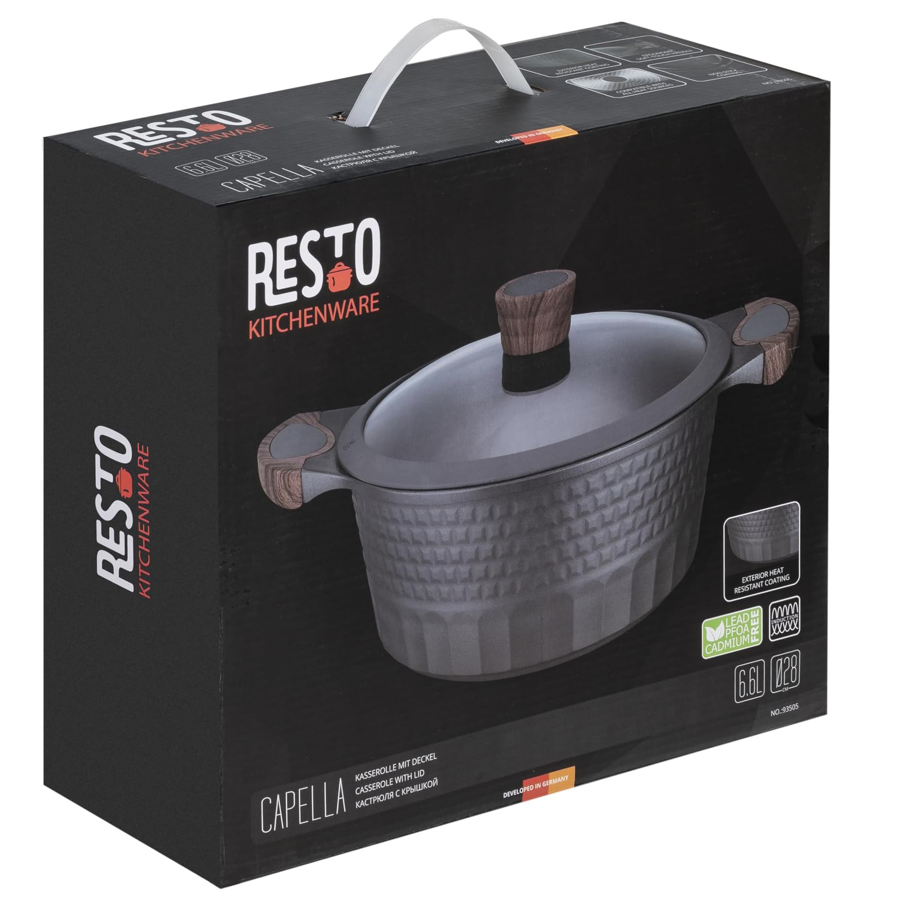RESTO Kochtopf Schmortopf 6,6L mit Deckel 28cm, H=12,5cm | Antihaftbeschichtung | im Geschenkkarton | Für alle Herdarten, auch Induktion | PFOA frei