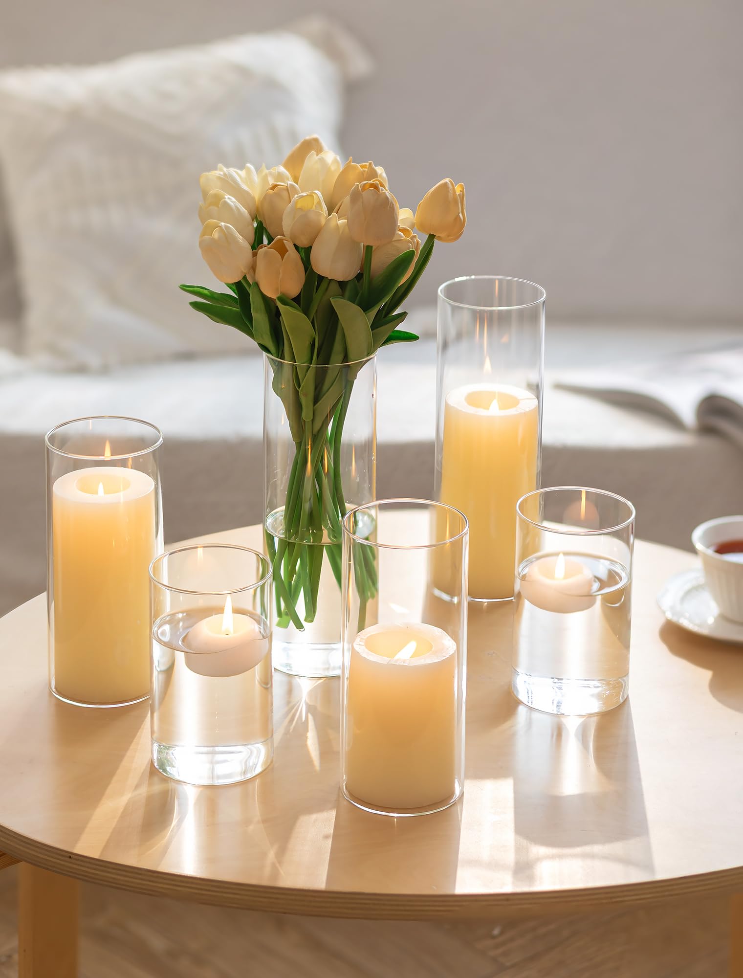 Romadedi Portacandele a cilindro in vetro per decorazione da tavolo, set di 6 portacandele ispessito migliorato per candele, vaso di vetro cilindrico per soggiorno, decorazione esterna e balcone
