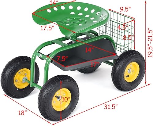 Miniatura 3 de Giantex Asiento de trabajo de jardín rodante, asiento de trabajo de jardinería giratorio 360 con ruedas, cesta de herramientas, altura ajustable,