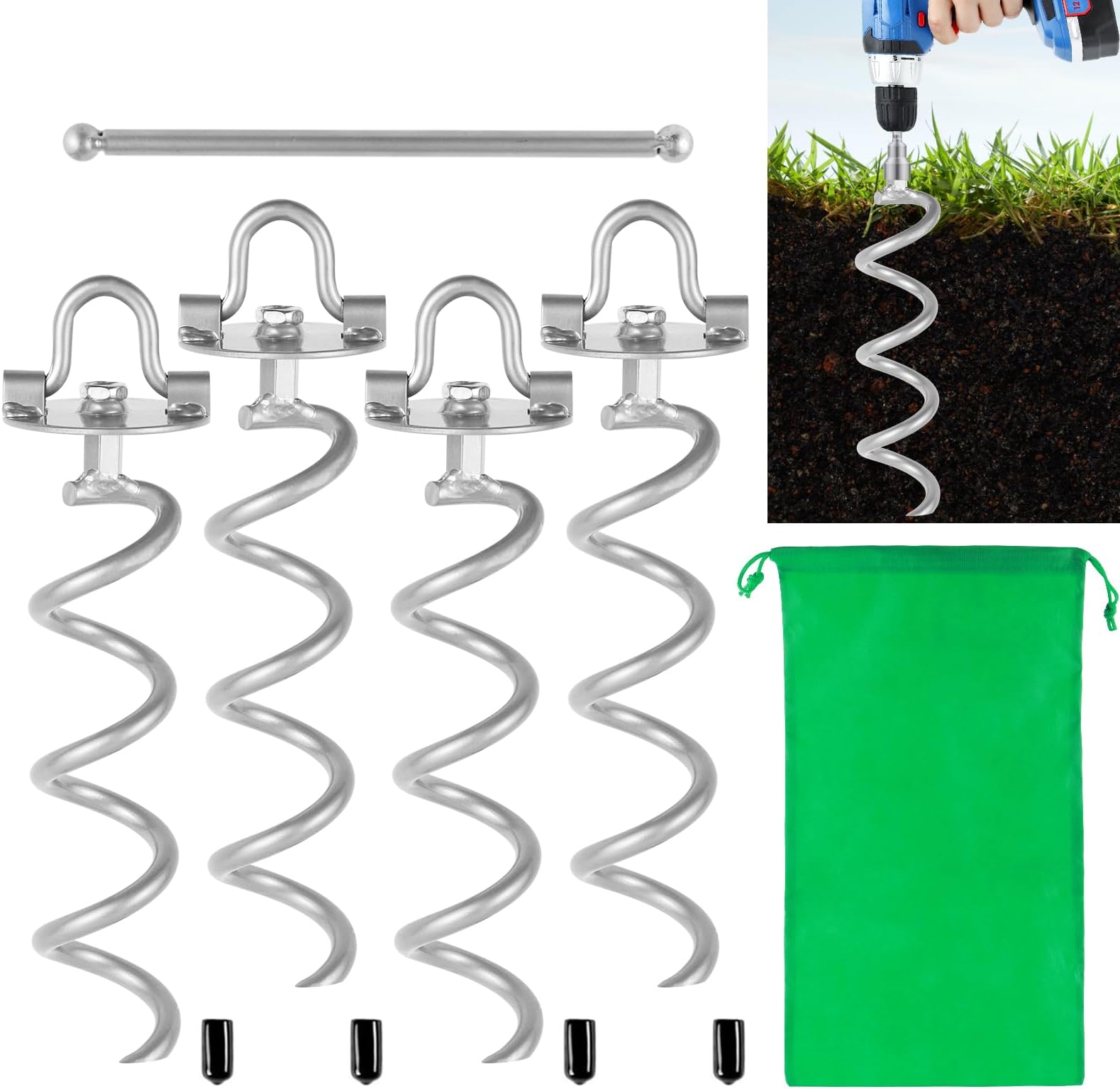10.6 Inch Pack of 4 Folding Ring Spiral Ground Anchors - Silver Metal Spiral Stake Outdoor Heavy Duty Camping Stakes Spiraling Anchor Ground Anchors for Tent, Trampolines, Garden Fence, Sheds, Swings