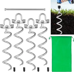 MIXXIDEA 11.4 Inch Gound Anchors Screw in, Metal Spiral Earth Anchors Kit, Heavy Duty Folding Ring Spiral Stake, Silver Ground Stakes for Tent, Trampolines, Garden Fence, Sheds, Swings (Pack of 4)
