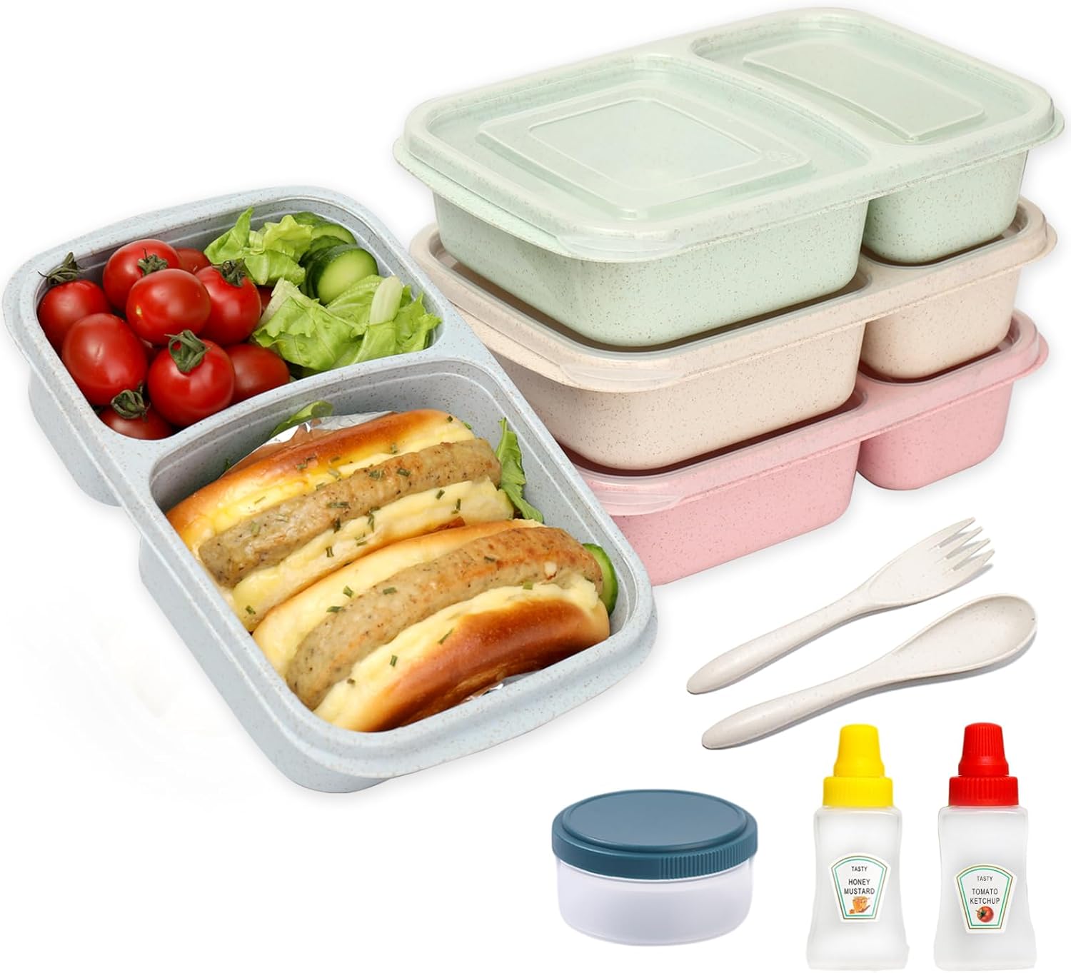 4 Pack Bento Lunch Box for Adults, 2 Compartment Meal Prep Containers Reusable, Divided Lunch Containers with Lids, Microwave & Dishwasher Safe Food Prep Containers for Lunch, Work and Travel