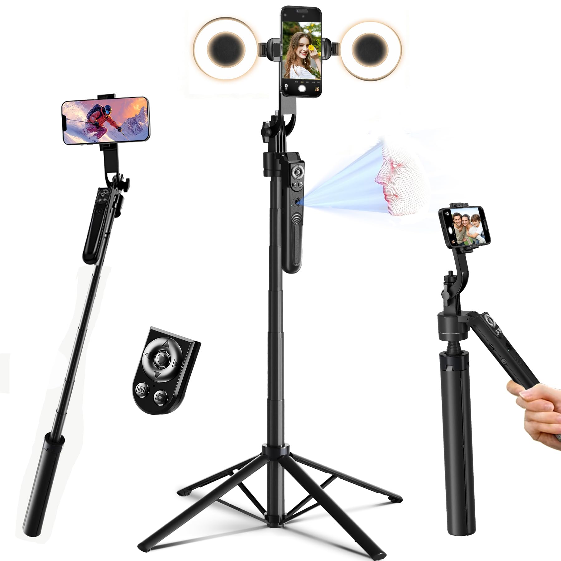 Photo 1 of ***Missing Phone Clamp***Auto Face Tracking Tripod for iPhone with Light 70.9” Selfie Stick Tripod Stand Follows Your Movement 360°Phone Camera Tripod with Wireless Remote for Content Creator Vlog Live Stream Video Recording