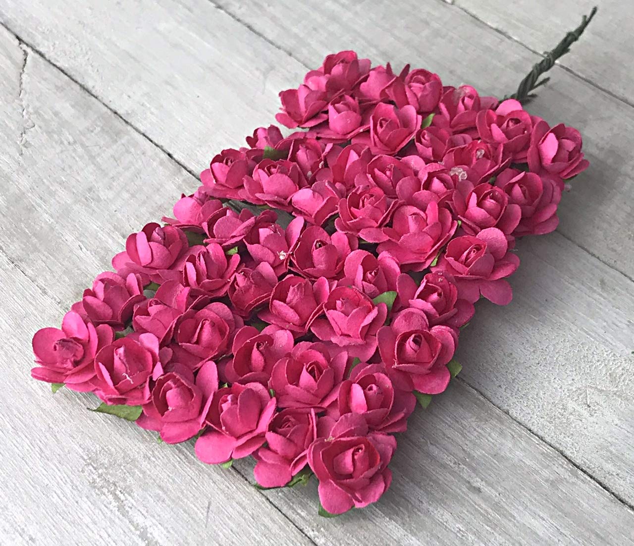 OOKI-144 Pcs 15mm Artificial Mulberry Paper Rose Flower Wedding Scrapbook DIY Craft Scrapbooking Bouquet Craft Stem Handmade Rose Valentines Anniversary Embellishment Mini Paper Rose (Fuchsia)