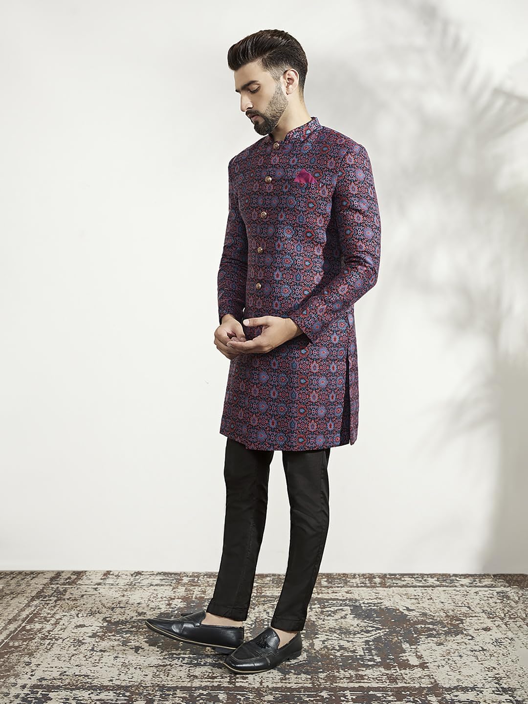 Kisah Men's Indo-Western Sherwani Trouser Set, Multi Jacquard, Woven Design Regular Fit Mandarin Collar Full Sleeves, 36