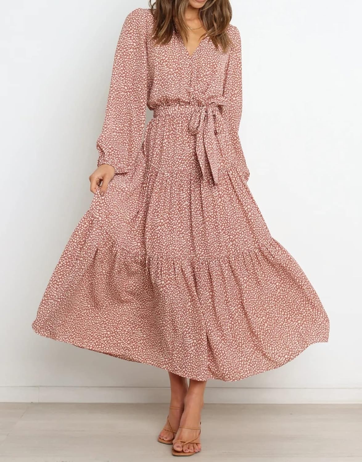 R.Vivimos Women's Fall Long Sleeve Casual Dresses Wrap V Neck Tiered Ruffle Flowy Midi Dress with Belt - Image 2