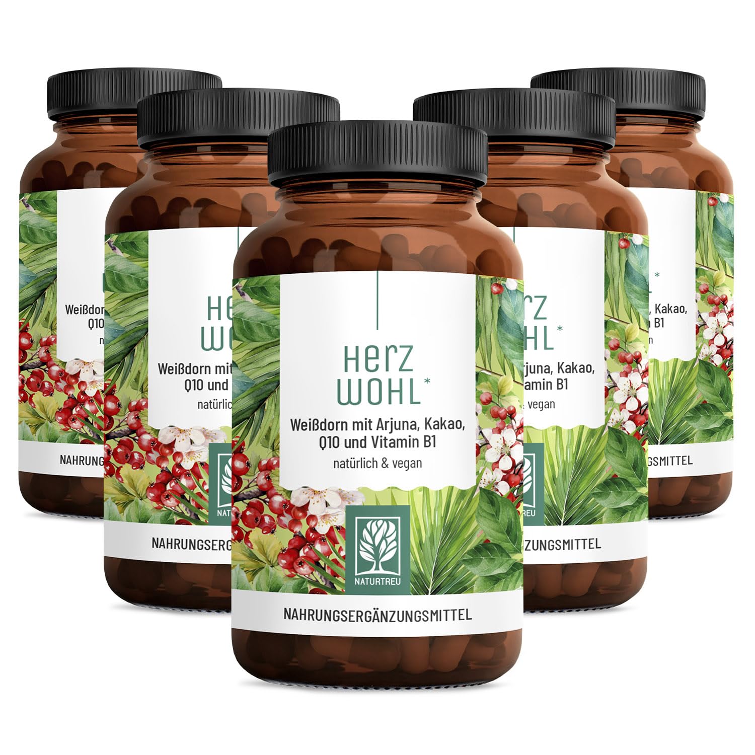 NATURTREU® Herzwohl mit hochdosiertem Weißdorn, Arjuna & Coenzym Q10 - Vorteilsbundle 5er Paket - Natürliche Alternative zu herkömmlichen Venenkapseln