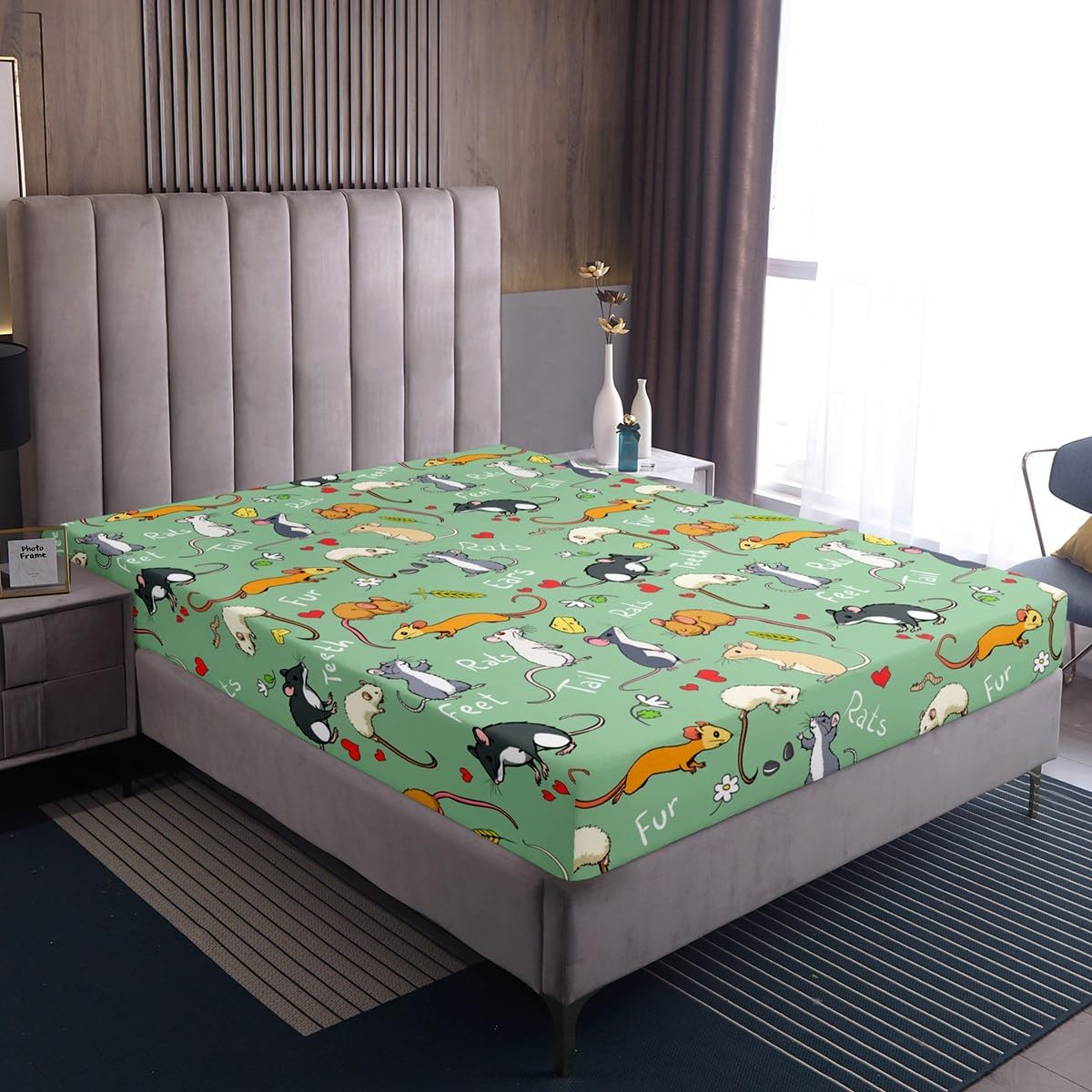 Erosebridal Kids Rat Sheet Set Mouse Rodents Bed Sheet Funny Animal Love Heart Bed Sheet Set Twin Size for Boys Girls Children Bedroom Cartoon Style Fitted Sheet+Pet Flat Sheet+1 Pillow Case, Green image 4