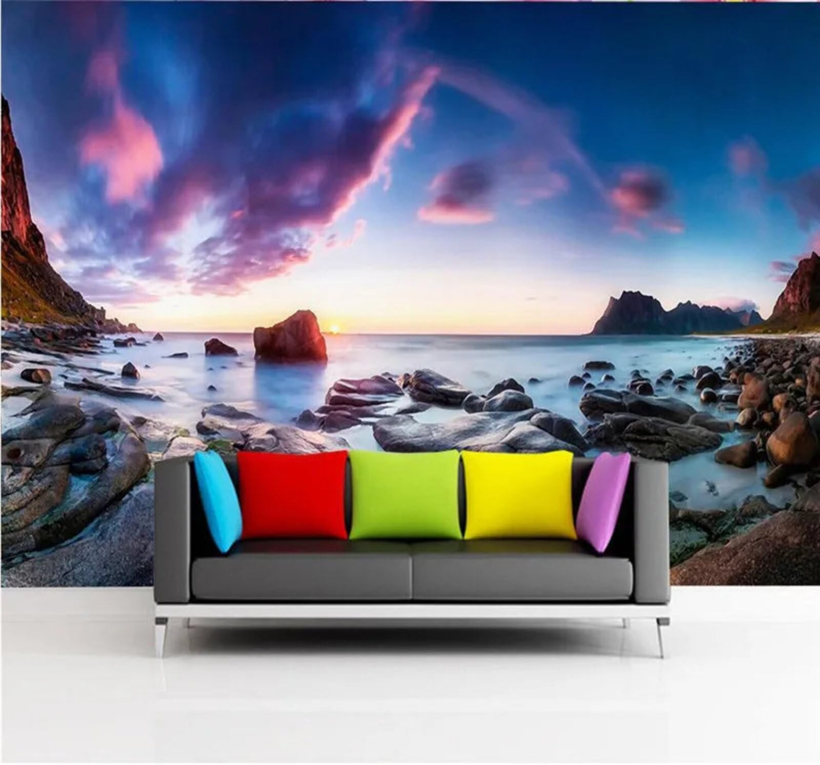 Xlming 350Cm×256Cm(B×H) Beautiful Sunset Beach Rocks Seascape 3D Wallpaper Luxury Silk Study Dining Feature Sofa Grey Bedroom Living Room Tv Decorative Wall-350Cm×256Cm