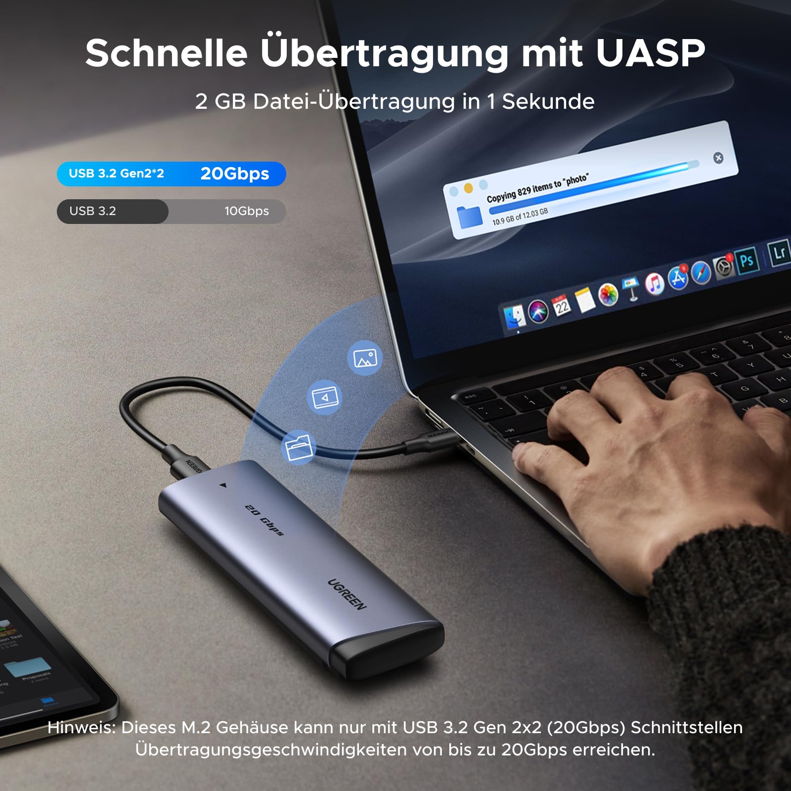 UGREEN 20Gbps M.2 SSD Gehäuse USB C 3.2 Gen 2x2, NVMe und SATA M2 Gehäuse | NVMe und SATA M2 Gehäuse für SSD in 2280/2242/2230/2260, kompatibel mit HP 14pro, iPhone17 Promax, PS5