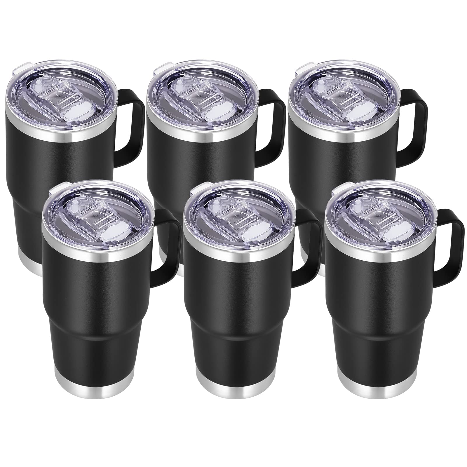 20 oz Tumbler Bulk with Handle Lid and Straw, Stainless Steel Insulated Travel Coffee Mug Set, Spill Proof Double Wall Metal Tumblers Cups, Black 6 Pack