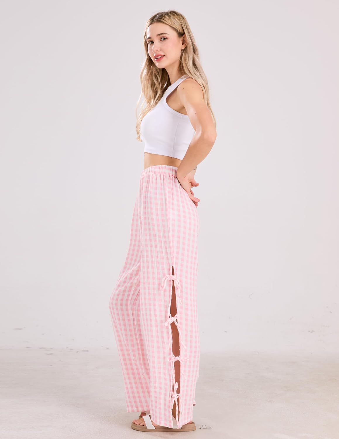 Womens Gingham Striped Wide Leg Pants Y2k Lounge Pants Lace Up Loose Trousers - Image 4