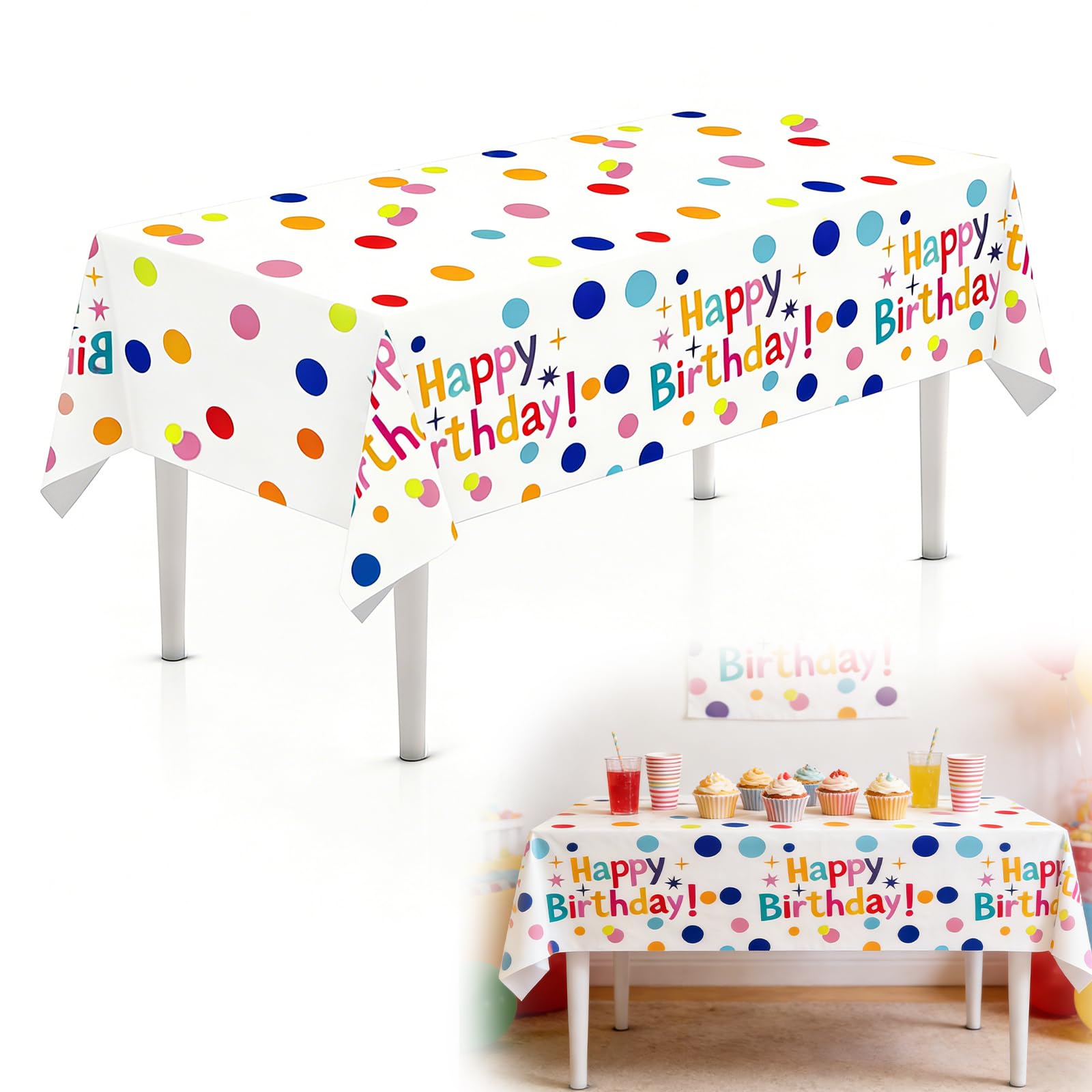 Meanju Colorful Happy Birthday Tablecloth, Tovaglia Happy Birthday a Pois, 220 x 130cm, Motivo a Pois Colorati,per Cucine, Tavoli da Pranzo, Decorazioni per Compleanni, Battesimi e Feste