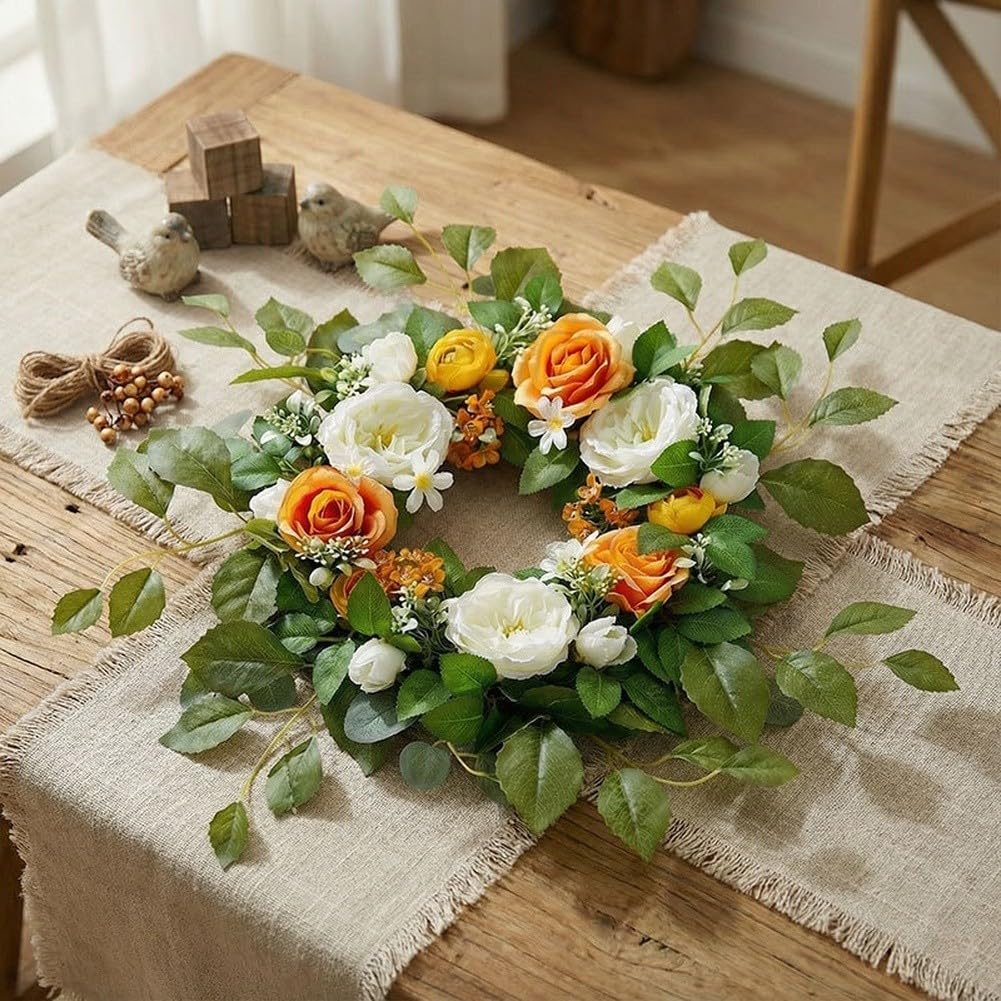 Corona floral artificial con ramo de rosas, peonías, eucaliptos y girasoles, 65 cm de diámetro, decoración del hogar para boda (polvo)