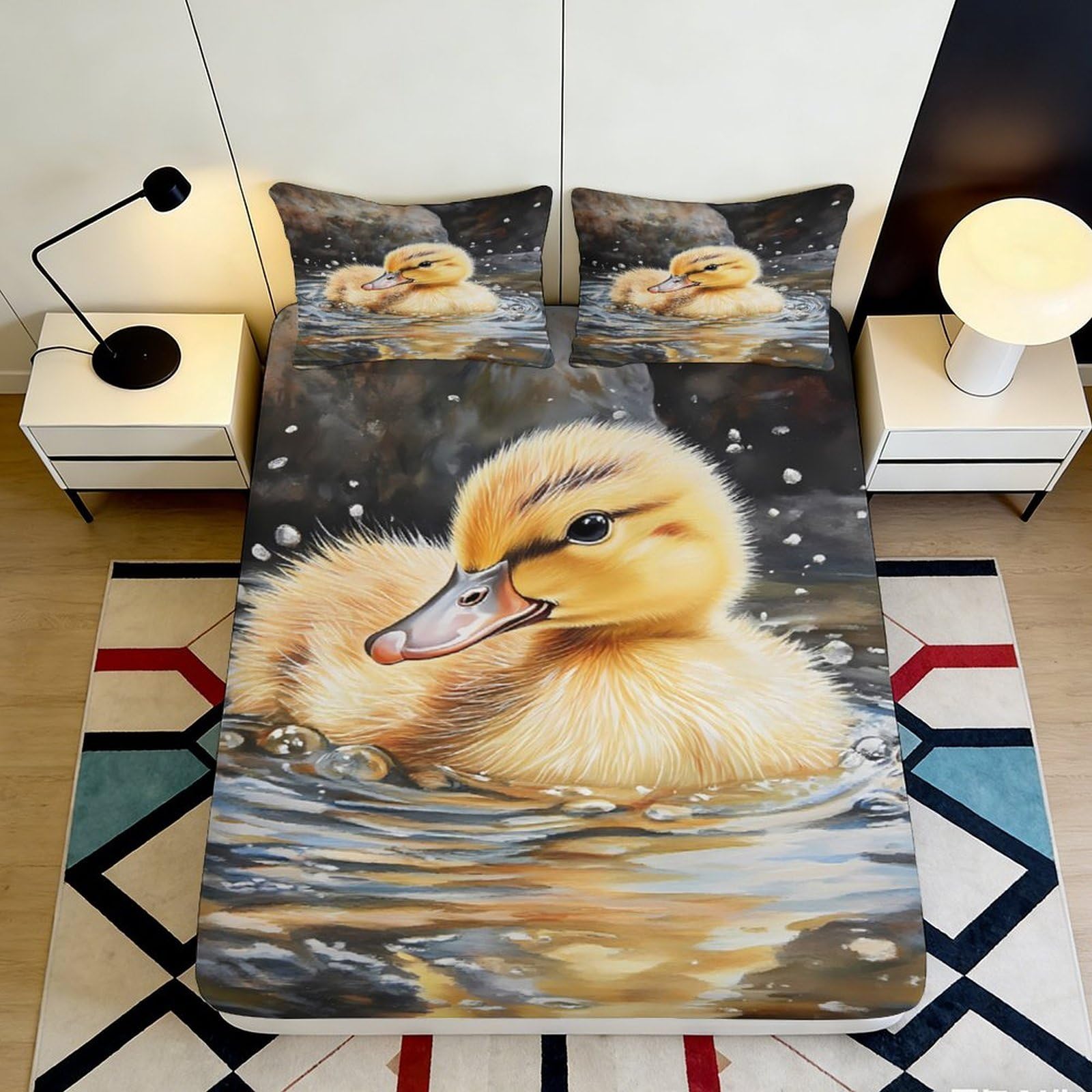 3D Printed Duck Fitted Sheet Microfiber Deep Pocket Elastic Hem Bedroom Bedding Duck Mattress Fitted Cover Non-Slip Washable 90x200x25cm