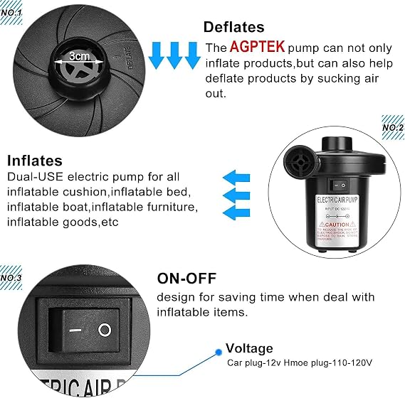 Electric Air Pump, Air Pump for Quick Inflator/Deflator with 3 Nozzles, Camping Electric Pumps Portable (Home/Car), Air Mattress Pump for Inflatable Boat/Air Mattress/Pool/Inflated Toy/Yoga Ball