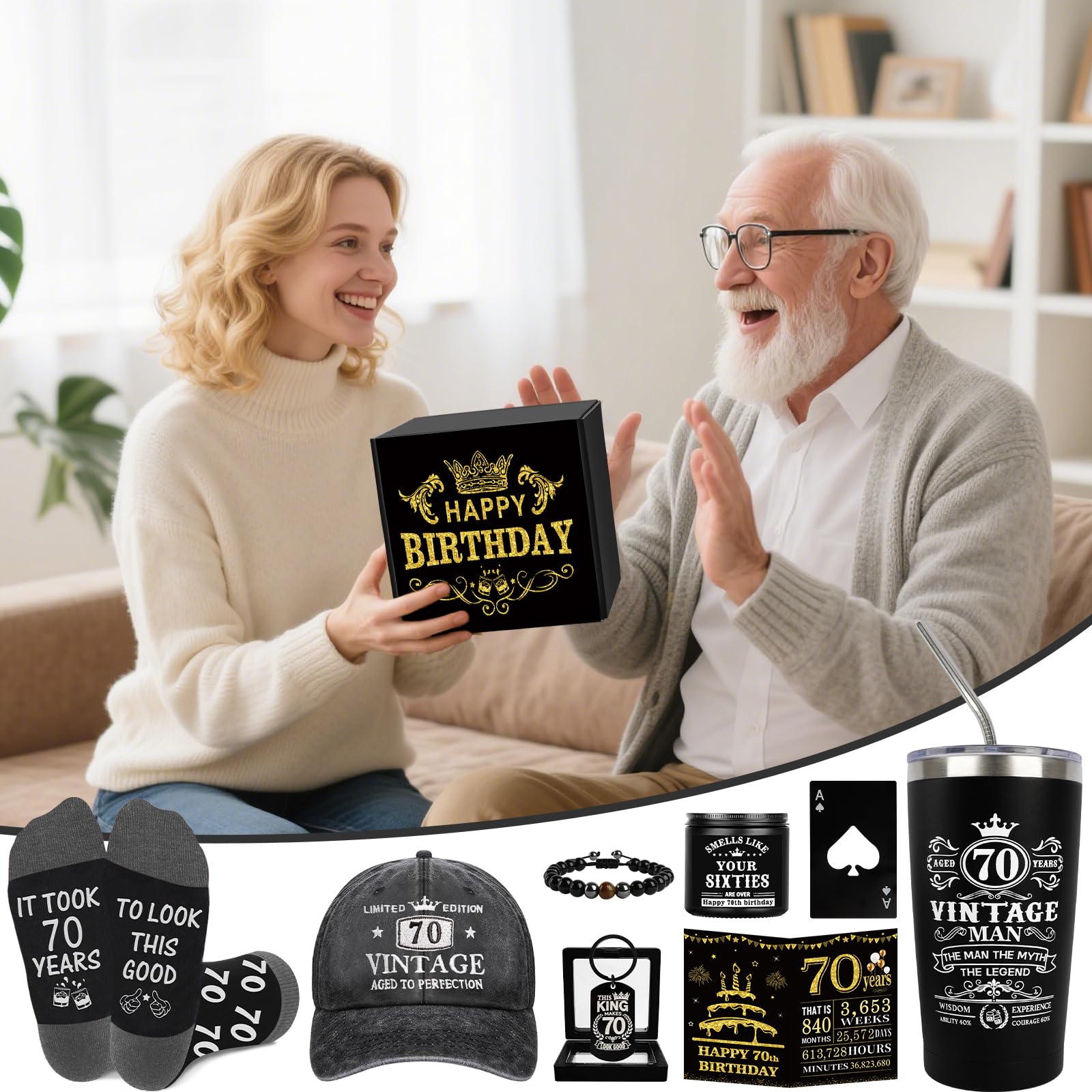70th Birthday Gifts for Men - Unique Birthday Box with 20 Oz Tumbler, Baseball Cap, Socks, Bracelets, Scented Candle, Happy 70th Birthday Decorations for Husband, Dad, Grandpa, Friends, Boss