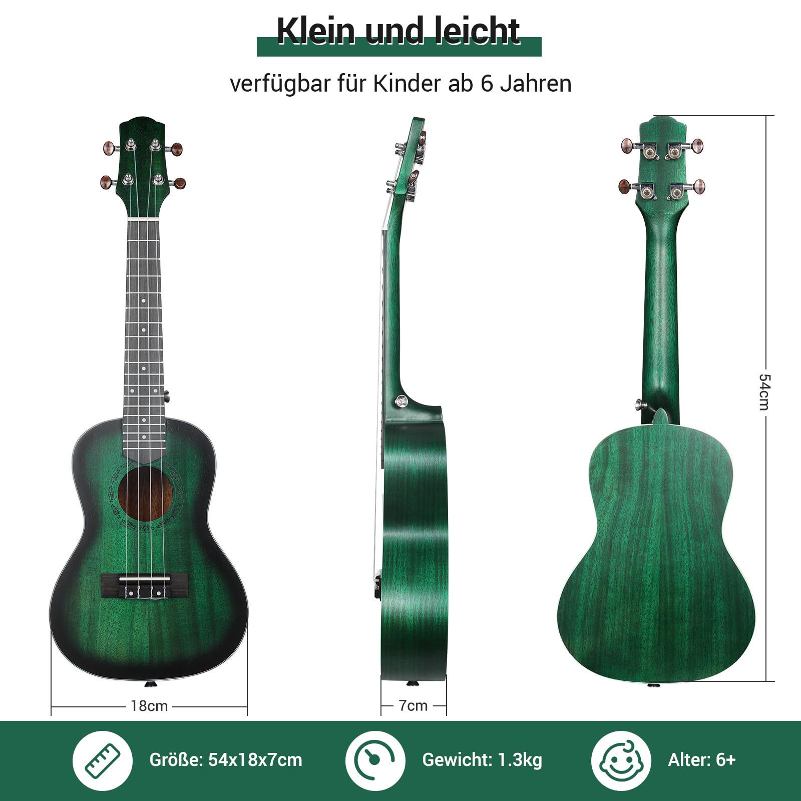 Ukulele Adulti Bambini, Ukulele Soprano da 21 Pollici, Ukulele Concerto Artigianale, Chitarra Hawaiana in Legno di Mogano con Plettri a Tracolla Professionale Borsa, Ukulele Bambini da 6 Anni, Verde