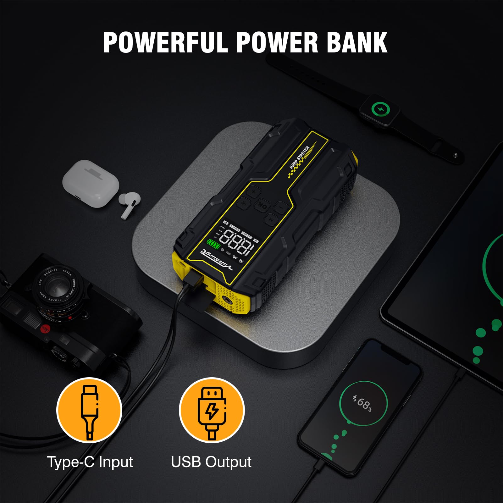 Avviatore Emergenza per Auto, 7000A Booster Avviamento Auto/Moto con Compressore da 150PSI, 12V Avviatore Batteria Jump Starter (Fino a 10L Benzina e 8L Diesel) DisplayDoppia USB, Torcia a LED