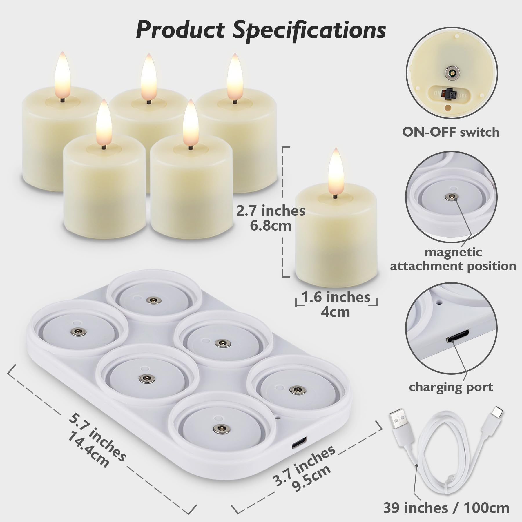 Rhytsing 6 ładowalnych bezpłomieniowych świec wotywnych z timerem, do dekoracji wnętrz, sztuczne świeczki tealight LED na baterie z magnetyczną podstawą ładującą, kablem USB typu C i pilotem w