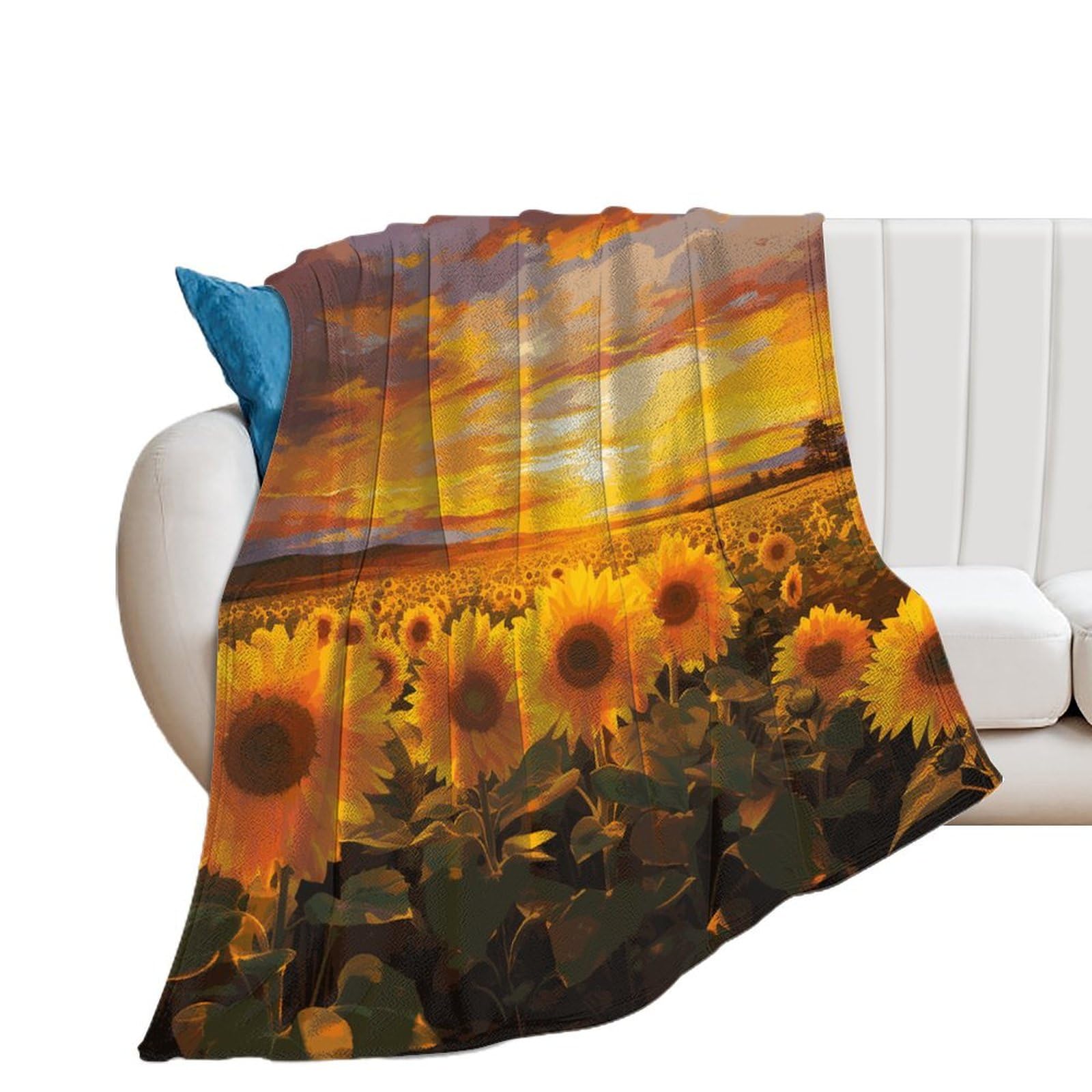 Couverture flanelle extra large haute densité au motif champ de tournesol poétique
