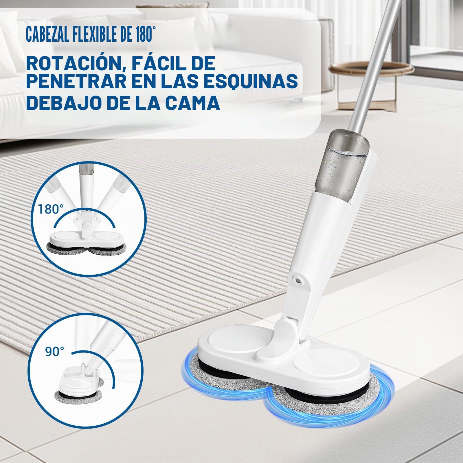 Mopa eléctrica inalámbrica de 7.4 V 2000 mAh, batería de litio de 200 ml, tanque de agua de 1 hora de funcionamiento, trapeador seco y húmedo, color blanco, 113 x 28 x 13 cm